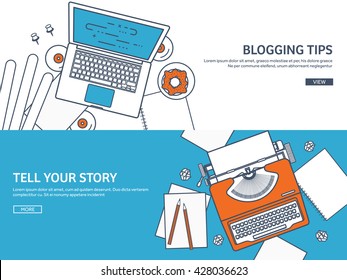 Workplace with typewriter. Flat outline design.Line art,lines.Writing a blog,blogging.Copywriting.Retro typewriter with paper sheet.Blog development tools.Typing on manual typewriter.Create your blog.