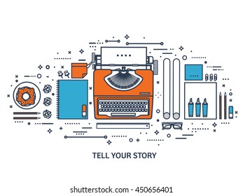 Workplace with typewriter. Flat outline design.Line art,lines.Writing a blog,blogging.Copywriting.Retro typewriter with paper sheet.Blog development tools.Typing on manual typewriter.Create your blog.