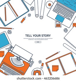 Workplace with typewriter. Flat outline design.Line art,lines.Writing a blog,blogging.Copywriting.Retro typewriter with paper sheet.Blog development tools.Typing on manual typewriter.Create your blog.