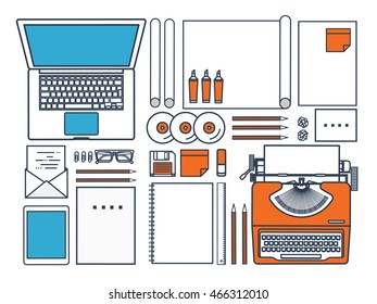 Workplace with typewriter. Flat outline design.Line art,lines.Writing a blog,blogging.Copywriting.Retro typewriter with paper sheet.Blog development tools.Typing on manual typewriter.Create your blog.