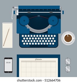 Workplace with typewriter. Top view flat design vector illustration.