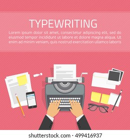 Workplace with typewriter in top view. Writing a blog, text development tools. Vector illustration in flat style. Working process and author modern workplace. Background for promotion and blogging.