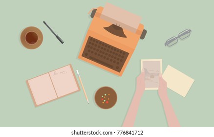 Workplace with a typewriter. Workspace writer. Vintage vector illustration.