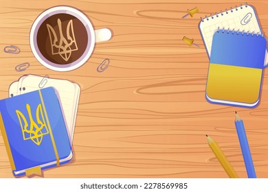 Workplace with ukranian stationary, cup with coffee, notebook, paper notes top view on wooden desk, table in cartoon style.