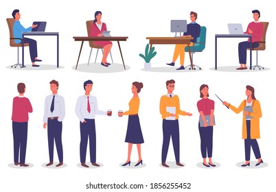 Workplace, using computers, set of businesspeople working with digital tablet, laptop, sitting at table, office workers, users of internet, employees, men and women, managers, collection, coffee break