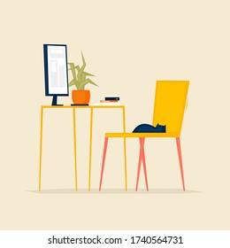 Lugar de trabajo, vacante, trabajo desde casa. Ilustración plana al estilo de las caricaturas. Vector.