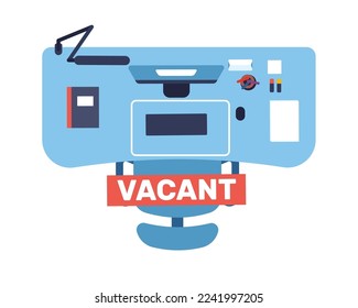 Workplace with vacant job sign. Office table top view. Employee recruitment. Company searching workers for hire. Empty vacancy. HR manager finding candidates. Vector