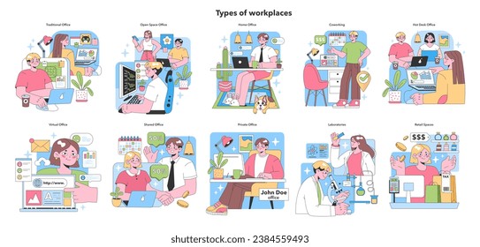 Workplace variety set. Diverse office spaces and environments portrayed. Traditional to virtual, shared spaces and labs. Cozy home offices, bustling coworking hubs. Flat vector illustration