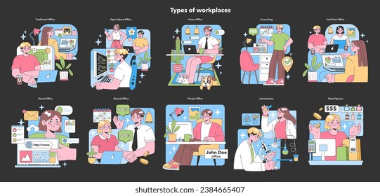 Workplace variety set. Diverse office spaces and environments portrayed. Traditional to virtual, shared spaces and labs. Cozy home offices, bustling coworking hubs. Flat vector illustration