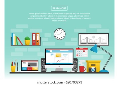 Workplace vector banner illustration. Vector freelancer workplace flat design. 