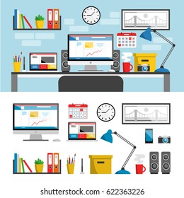 Workplace vector banner illustration. Vector freelancer workplace design. Computer on the desk flat style. Workspace objects: desk, computer, notebook, lamp, clocks, picture, shelf with books, other.