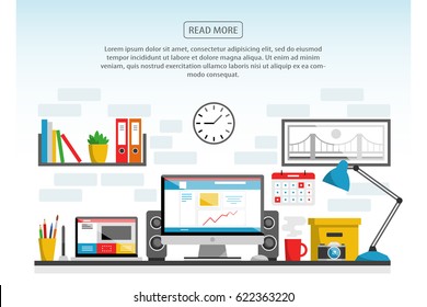 Workplace vector banner illustration on white background. Vector freelancer workplace flat design. Home business concept. Computer on the desk modern flat style. Workspace for freelancer and home work