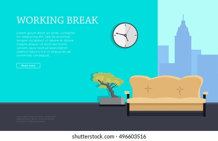 Workplace vector concept. Flat design. Working break office room with sofa, bonsai tree, clock on the wall and urban view from window. Comfortable place for work modern business apartments design
