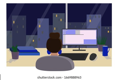 Workplace. Vector flat illustration.Female entrepreneursitting at desk and browsing computer near potted plant  during work in contemporary workplace. 