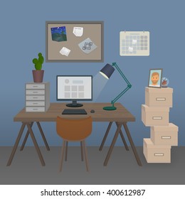 Workplace. Vector flat illustrations. Sitting behind the office Or at home Desk work. Set of: lamp, picture, calendar, Board notes, box, plant, chair, wooden table, glass bowl.