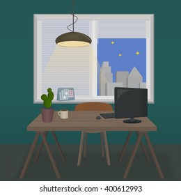 Workplace. Vector flat illustrations. Sitting behind the office Or at home Desk work. Set of: calendar, plant, chair, wooden table, cup, window.