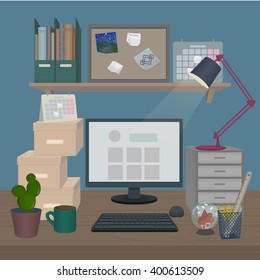 Workplace. Vector flat illustrations. Sitting behind the office Or at home Desk work. Set of: lamp, calendar, Board notes, box, plant, wooden table, glass bowl, folder, kontselyariyu, cup.