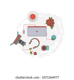 Workplace vector. Flat style computer, a technique for work.