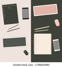 Workplace vector graphic set. Flat top view of realistic cell phone, keyboard pen, coffee cup. Blog header. Home office, freelance concept.