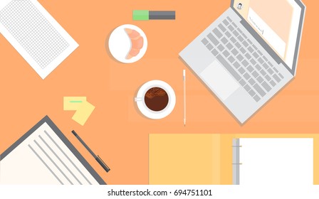 Workplace vector illustration. Business snack with coffee and croissant.