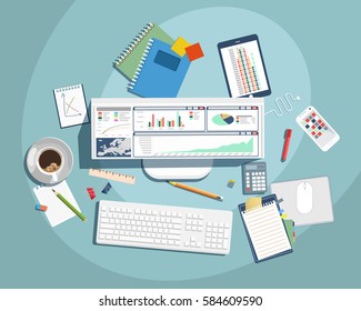 Workplace vector illustration. E- learning education concept. Laptop, notebook, tablet and various office supplies on the table. View from above.