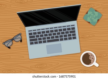 Workplace vector illustration. Flat drawing of laptop, home plant, glasses and cup with coffee on a wooden table background.