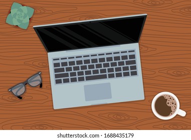 Workplace vector illustration. Flat drawing of laptop, home plant, glasses and cup with coffee on a wooden table background.