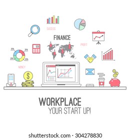 Workplace vector illustration with many business symbols. Start up concept