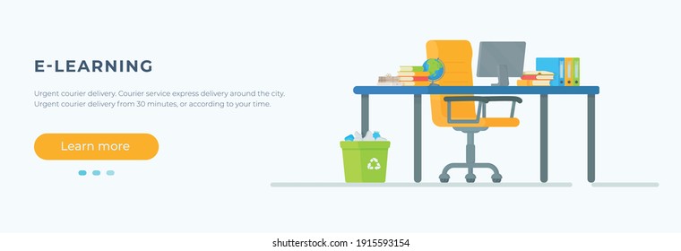 Workplace. Vector illustration of online lessons. Doing your homework. Back to school.  Chair, desk, lessons, school, classroom, teacher, student.