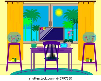 Workplace. Vector illustration. Room, desktop and aquarium.