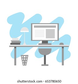 Workplace vector illustration. Table with computer, books and lamp. Simple gray and blue illustration