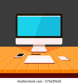 Workplace vector illustration. Wooden desk with computer and smart phone