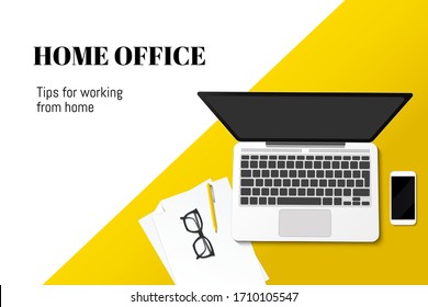 Workplace vector mock up set. Flat lay top view on realistic mobile phone, laptop, glasses and pen. Home office tips during coronavirus pandemic. Freelance and studying concept.