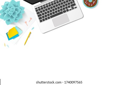 Workplace vector mock up set. Flat lay top view on realistic mobile phone, laptop, glasses and pen. Home office tips during coronavirus pandemic. Freelance and studying concept.