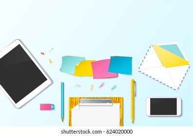 Workplace vector mock-up collection set with office supplies. Flat lay top view on realistic tablet, mobile phone, stationery items. Blog header with place for text. Home office, freelance concept. 

