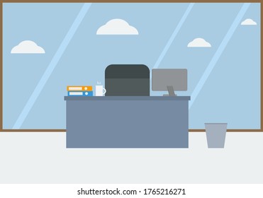 Workplace vector. Office room with a desk and a computer. Flat illustration.