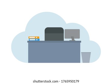 Vector de lugar de trabajo. Sala de oficina con escritorio y ordenador. Ilustración plana sobre fondo blanco.