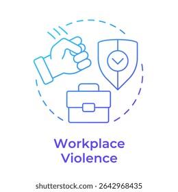 Workplace Gewalt blaue Farbverlauf-Konzept-Symbol. Physische Sicherheitsbedrohung und -risiken. Beschädigung der Ausrüstung. Runde Liniendarstellung. Abstrakte Idee. Grafikdesign. Einfach in der Broschüre zu verwenden