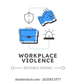 Workplace Gewalt flachen Umriss Konzept Symbol. Physische Sicherheitsbedrohung und -risiken. Beschädigung von Unternehmensausrüstung. Moderne Liniendarstellung mit blauen Glyphen. Konzeptuell visuell. Einfache Bearbeitung