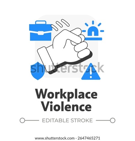 Workplace violence flat outline concept icon. Physical security threat and risk. Damage of equipment and supplies. Modern line illustration with blue glyphs. Conceptual visual. Easy to edit