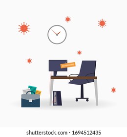 Workplace virus, office space, office, coronavirus bacteria 2019-nCoV. Pandemic Concepts Of Dangerous Coronavirus Cells In Web Banner Background Social Media