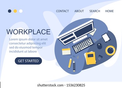 Workplace web banner. Office workspace and business equipment. Desktop space. Modern design.
