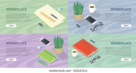 Workplace web banners set. Office supplies, phone, flowerpot, glasses and cup of coffee on table surface vector in isometric projection. Stationery for work. For personal effectiveness courses page