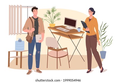 Concepto web del lugar de trabajo. Empleados en el cargo juntos. Los colegas hombres y mujeres se paran cerca del escritorio con un ordenador y un refrigerador de agua. Plantilla de escenas de personas. Ilustración vectorial de caracteres en diseño plano
