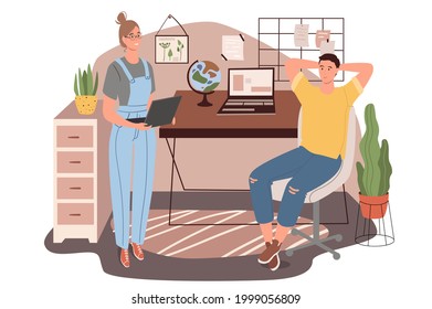 Workplace web concept. Employees in office. Man sitting in chair at desk with computer, woman with laptop talking to colleague. People scenes template. Vector illustration of characters in flat design