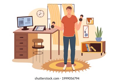 Workplace web concept. Man exercising with dumbbells at office. Freelancer or remote worker training sports in room with decor. People scenes template. Vector illustration of characters in flat design