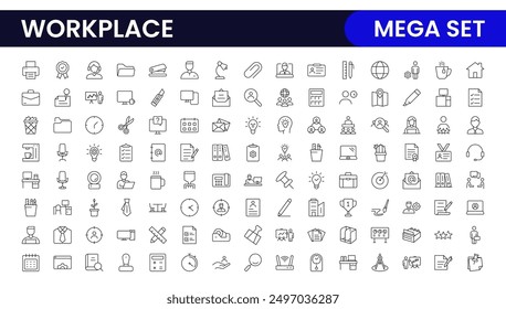 Workplace web icons in line style. Employ, conference, project, document, business, work, support, contact us, productivity strategy, collection.