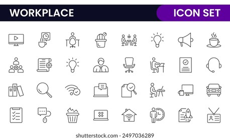 Workplace web icons in line style. Employ, conference, project, document, business, work, support, contact us, productivity strategy, collection.