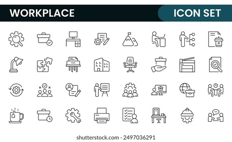 Iconos web del lugar de trabajo en estilo de línea. Emplear, conferencia, proyecto, documento, negocio, trabajo, Asistencia, póngase en contacto con nosotros, estrategia de productividad, colección.
