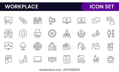 Workplace web icons in line style. Employ, conference, project, document, business, work, support, contact us, productivity strategy, collection.